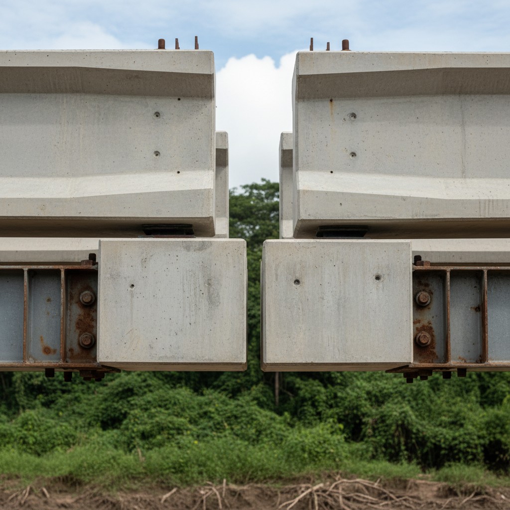 A close-up of large cement blocks in varying sizes stacked atop each other on rusted metal wires. There is a patchy coastl...