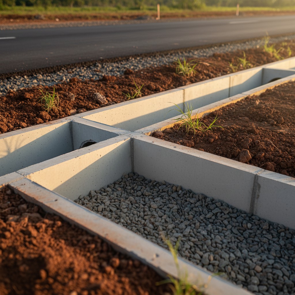 The image shows a concrete drainage channel and a road in the background.