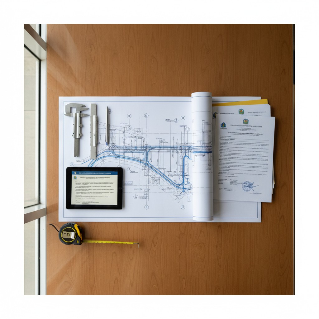 Blueprints, calipers, tape measure, tablet and ruler, blueprints, blueprints, blueprints.